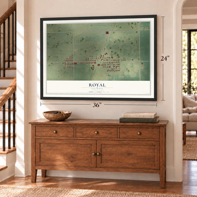 Royal, Illinois map, 24 x 36 inch print in a black frame above a dresser by a staircase