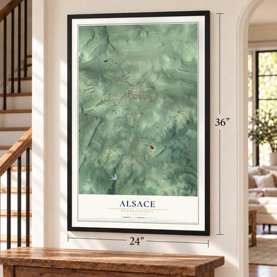 Alsace, Pennsylvania map, 24 x 36 inch print in a black frame by a staircase