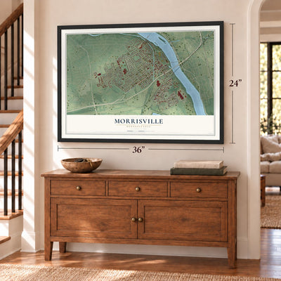 Morrisville, Pennsylvania map, 24 x 36 inch print in a black frame above a dresser by a staircase