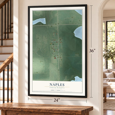 Naples, South Dakota map, 24 x 36 inch print in a black frame by a staircase