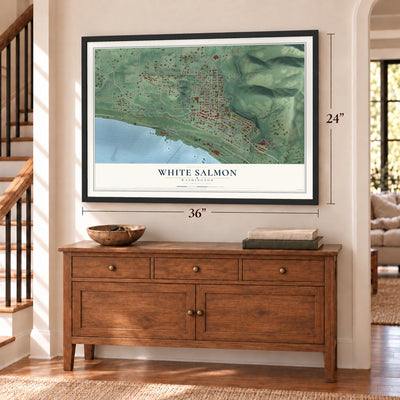 White Salmon, Washington map, 24 x 36 inch print in a black frame above a dresser by a staircase