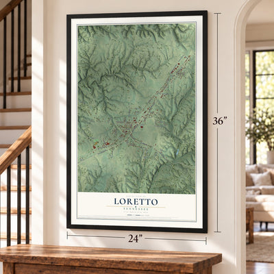 Loretto, Tennessee map, 24 x 36 inch print in a black frame by a staircase