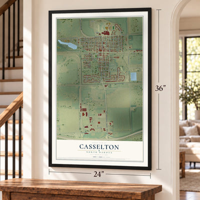 Casselton, North Dakota map, 24 x 36 inch print in a black frame by a staircase