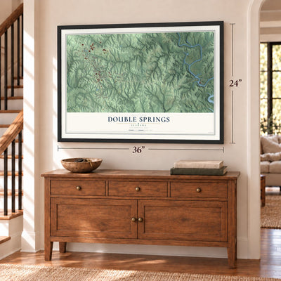 Double Springs, Alabama map, 24 x 36 inch print in a black frame above a dresser by a staircase