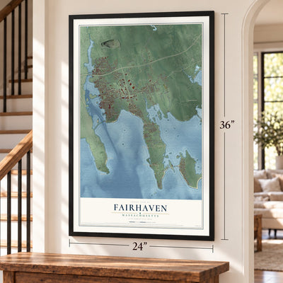 Fairhaven, Massachusetts map, 24 x 36 inch print in a black frame by a staircase