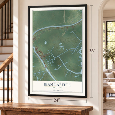 Jean Lafitte, Louisiana map, 24 x 36 inch print in a black frame by a staircase