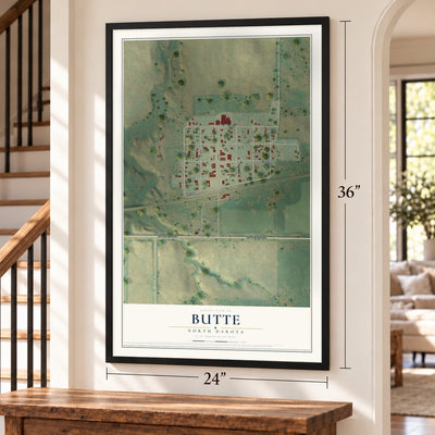 Butte, North Dakota map, 24 x 36 inch print in a black frame by a staircase
