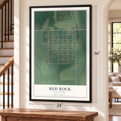 Red Rock, Oklahoma map, 24 x 36 inch print in a black frame by a staircase