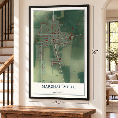 Marshallville, Ohio map, 24 x 36 inch print in a black frame by a staircase