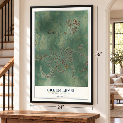 Green Level, North Carolina map, 24 x 36 inch print in a black frame by a staircase