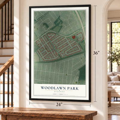 Woodlawn Park, Kentucky map, 24 x 36 inch print in a black frame by a staircase