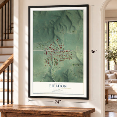 Fieldon, Illinois map, 24 x 36 inch print in a black frame by a staircase