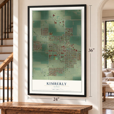 Kimberly, Idaho map, 24 x 36 inch print in a black frame by a staircase