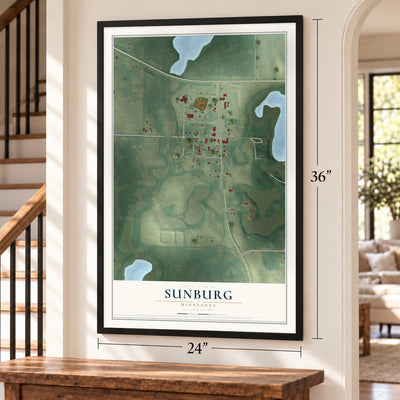 Sunburg, Minnesota map, 24 x 36 inch print in a black frame by a staircase