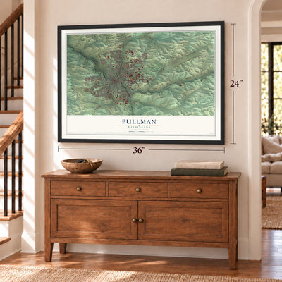 Pullman, Washington map, 24 x 36 inch print in a black frame above a dresser by a staircase