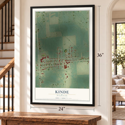 Kinde, Michigan map, 24 x 36 inch print in a black frame by a staircase