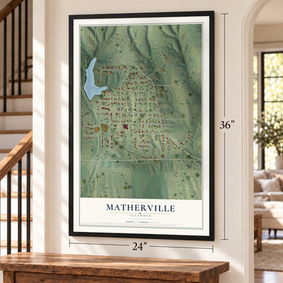 Matherville, Illinois map, 24 x 36 inch print in a black frame by a staircase