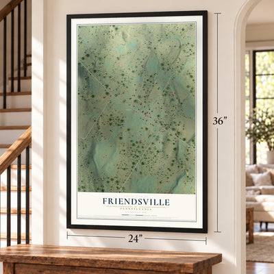 Friendsville, Pennsylvania map, 24 x 36 inch print in a black frame by a staircase