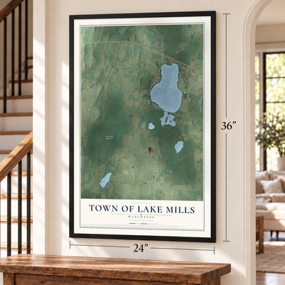 Town of Lake Mills, Wisconsin map, 24 x 36 inch print in a black frame by a staircase