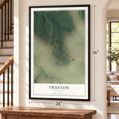 Truxton, Missouri map, 24 x 36 inch print in a black frame by a staircase