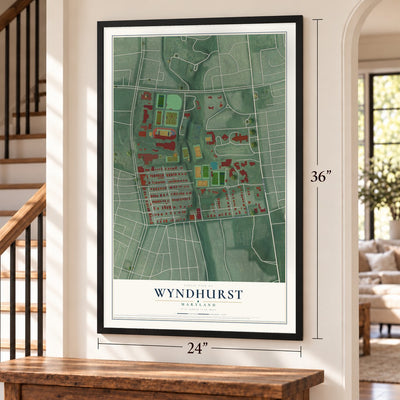 Wyndhurst, Maryland map, 24 x 36 inch print in a black frame by a staircase