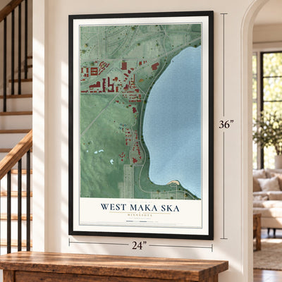 West Maka Ska, Minnesota map, 24 x 36 inch print in a black frame by a staircase