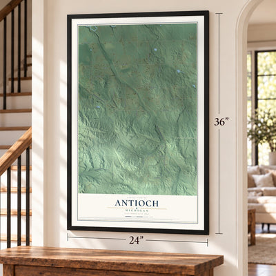 Antioch, Michigan map, 24 x 36 inch print in a black frame by a staircase