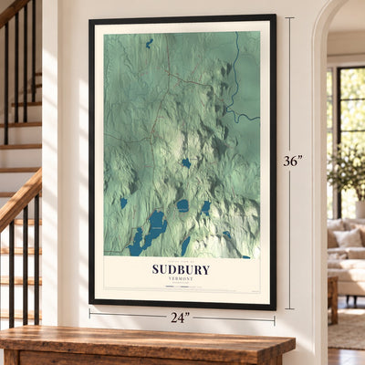 Sudbury, Vermont map, 24 x 36 inch print in a black frame by a staircase