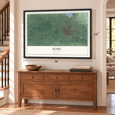 Rome, New York map, 24 x 36 inch print in a black frame above a dresser by a staircase