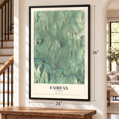 Fairfax, Vermont map, 24 x 36 inch print in a black frame by a staircase