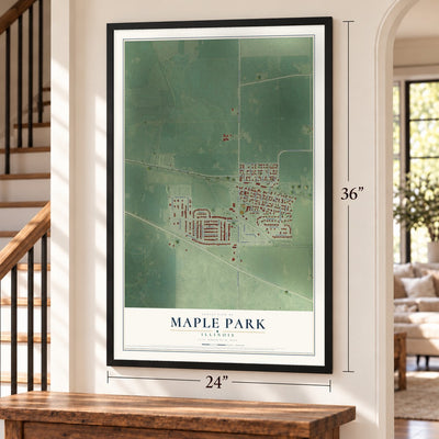 Maple Park, Illinois map, 24 x 36 inch print in a black frame by a staircase