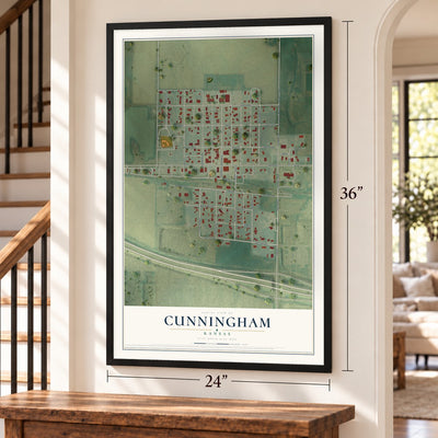 Cunningham, Kansas map, 24 x 36 inch print in a black frame by a staircase
