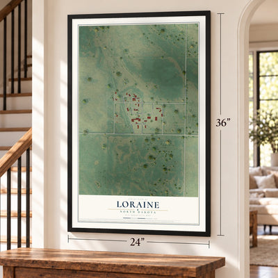 Loraine, North Dakota map, 24 x 36 inch print in a black frame by a staircase