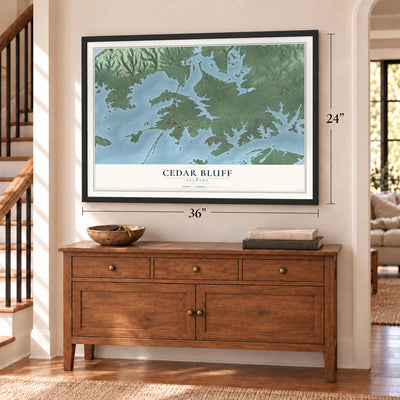 Cedar Bluff, Alabama map, 24 x 36 inch print in a black frame above a dresser by a staircase