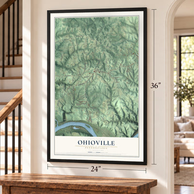Ohioville, Pennsylvania map, 24 x 36 inch print in a black frame by a staircase