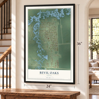 Bevil Oaks, Texas map, 24 x 36 inch print in a black frame by a staircase