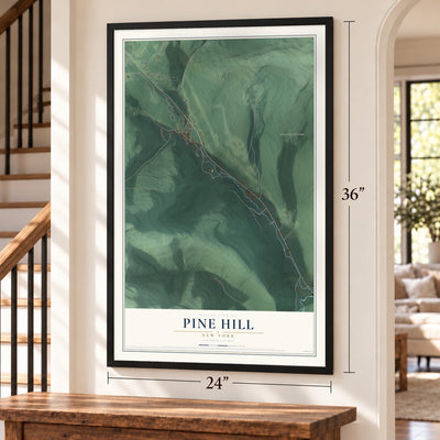 Pine Hill, New York map, 24 x 36 inch print in a black frame by a staircase