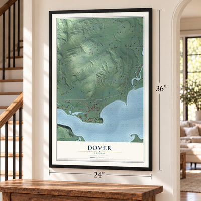 Dover, Idaho map, 24 x 36 inch print in a black frame by a staircase