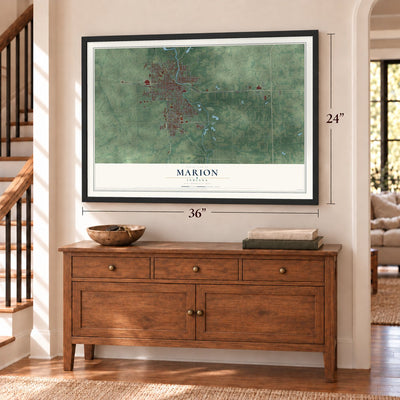Marion, Indiana map, 24 x 36 inch print in a black frame above a dresser by a staircase
