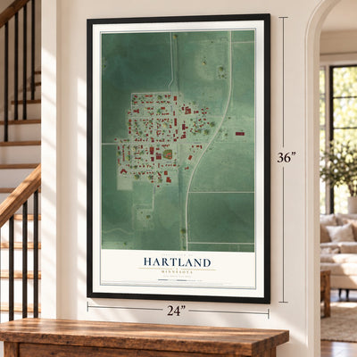 Hartland, Minnesota map, 24 x 36 inch print in a black frame by a staircase