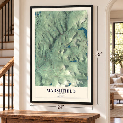 Marshfield, Vermont map, 24 x 36 inch print in a black frame by a staircase