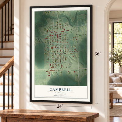 Campbell, Nebraska map, 24 x 36 inch print in a black frame by a staircase