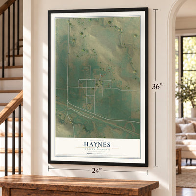 Haynes, North Dakota map, 24 x 36 inch print in a black frame by a staircase