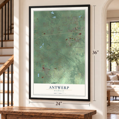 Antwerp, Michigan map, 24 x 36 inch print in a black frame by a staircase