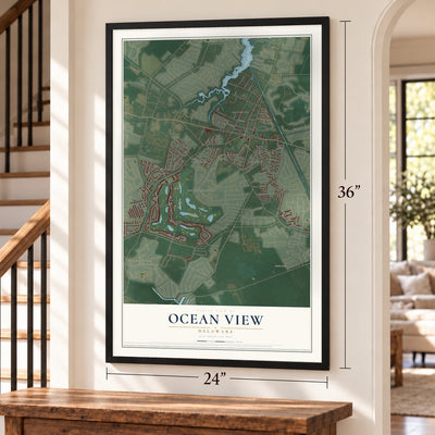 Ocean View, Delaware map, 24 x 36 inch print in a black frame by a staircase