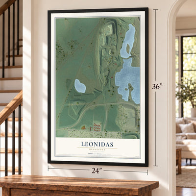 Leonidas, Minnesota map, 24 x 36 inch print in a black frame by a staircase