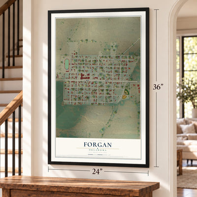 Forgan, Oklahoma map, 24 x 36 inch print in a black frame by a staircase
