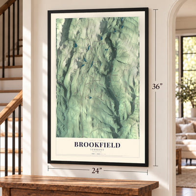 Brookfield, Vermont map, 24 x 36 inch print in a black frame by a staircase