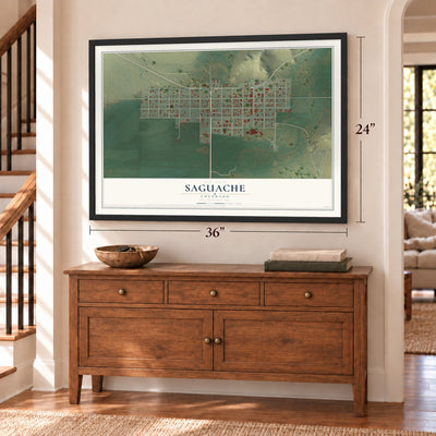 Saguache, Colorado map, 24 x 36 inch print in a black frame above a dresser by a staircase