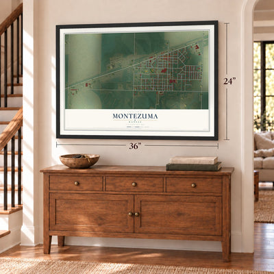 Montezuma, Kansas map, 24 x 36 inch print in a black frame above a dresser by a staircase
